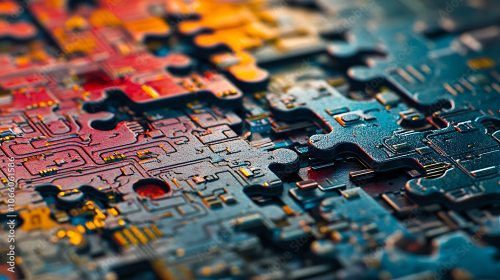 Leinwandbilder Puzzle pieces with circuit patterns symbolizing microservices integration