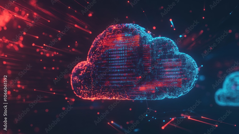 Poster abstract digital cloud with red and blue lines and particles