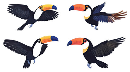 Obraz premium Toco Toucans Flying in Various Positions Over a Rainforest Backdrop Generative AI