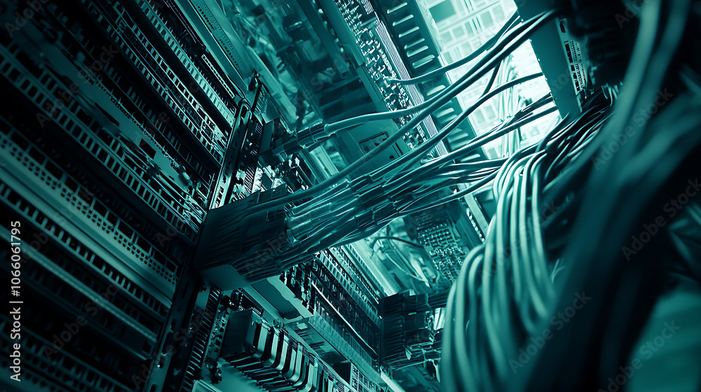Poster Network cables connected to servers in a data center, illustrating complex network infrastructure