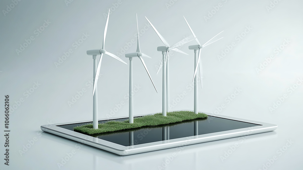 Poster miniature wind turbines on a digital tablet symbolize corporate responsibility and esg reporting