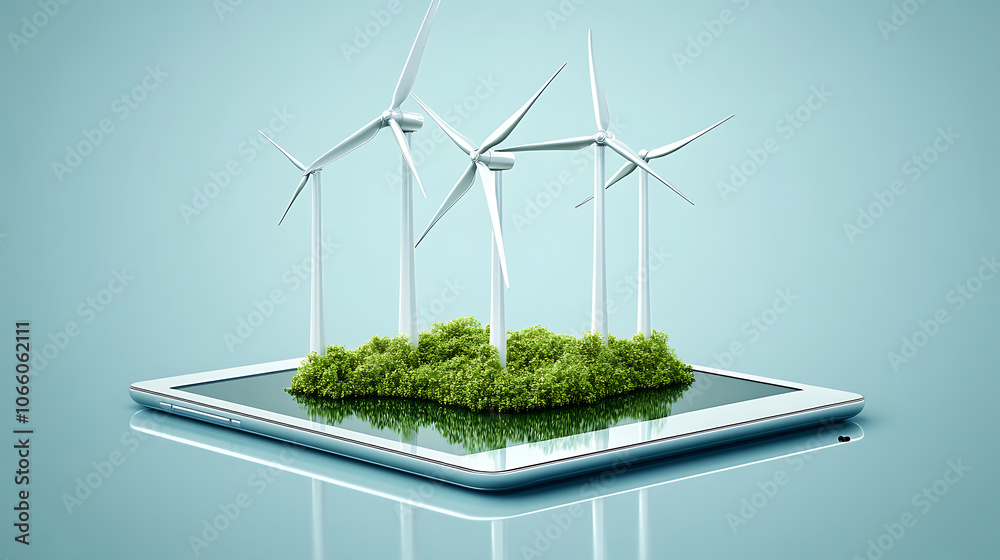 Poster miniature wind turbines on a digital tablet symbolize corporate responsibility and esg reporting