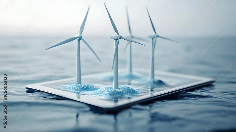 Poster miniature wind turbines on a digital tablet symbolize corporate responsibility and esg reporting