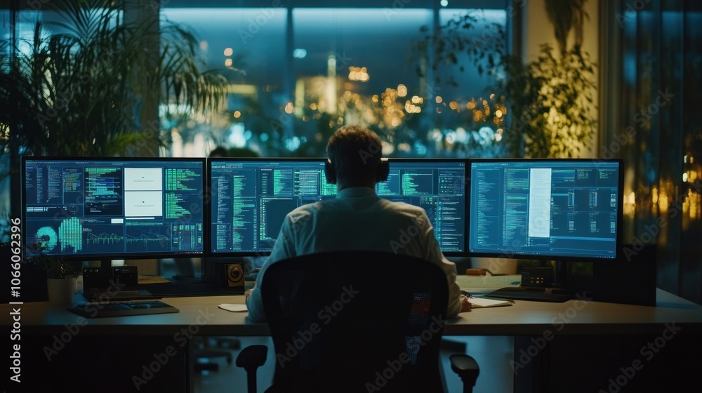 Fototapete A person working late at night in front of three computer monitors displaying code and data.