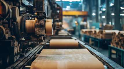 Naklejka premium Large industrial machine producing paper and cardboard in factory setting