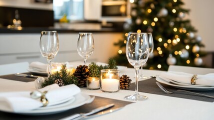 A modern dining table is elegantly set with white linens and candles, ready for a festive New Year's Eve dinner amidst cheerful decorations
