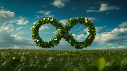 Obraz premium Infinity symbol made of green leaves on a grassy field under a blue sky, representing sustainability, continuity, and environmental practices