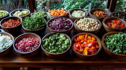 Wooden bowls filled with various colorful vegetables and salads are arranged on a wooden table. Concept of healthy eating and variety.