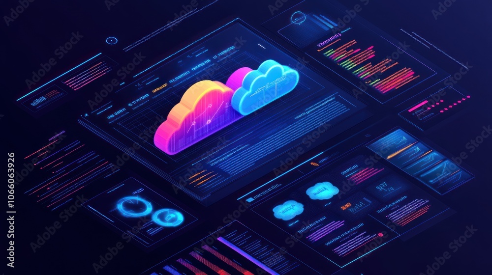 Poster Futuristic Digital Interface with Neon Glowing Cloud Computing Symbols and Data Visualizations