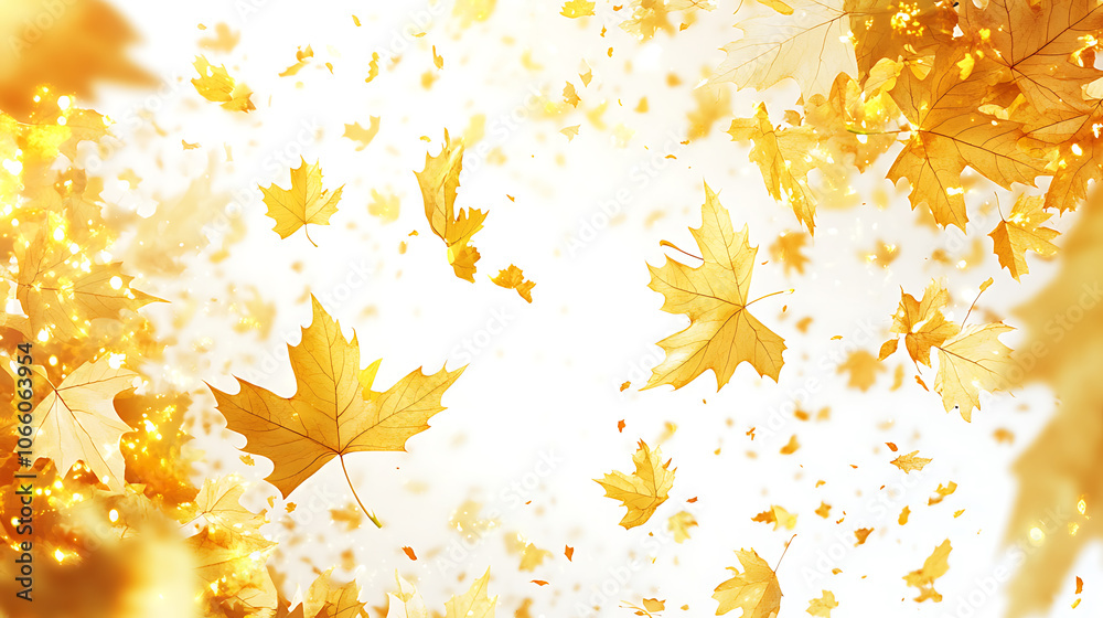 Poster Golden maple leaves in autumn on a white background with copy space, close-up Golden sunlight filters through the yellow and orange fall foliage Generative AI