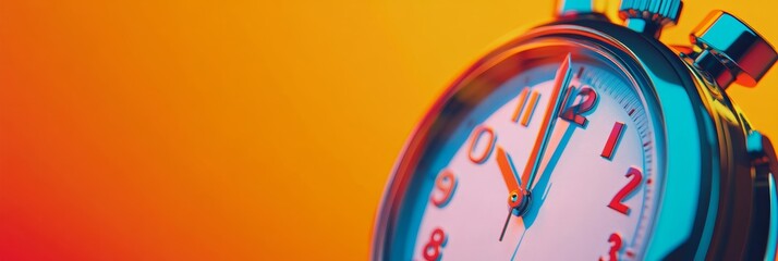 Stopwatch with metallic finishes pointing almost midnight on a colorful orange and red background, suggesting a sporting event or competition