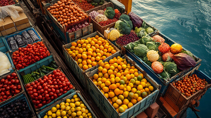 Obraz premium Fresh produce and cargo ship symbolize global food distribution and trade