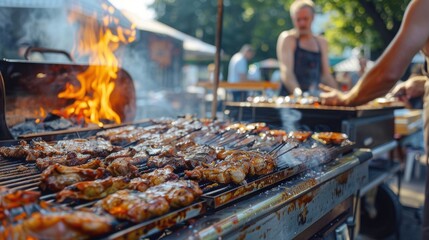A blurred view of a barbecue festival with food stands and grill masters hard at work in the background.