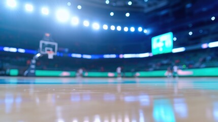 Empty basketball court with blurred players and spectators in the background.