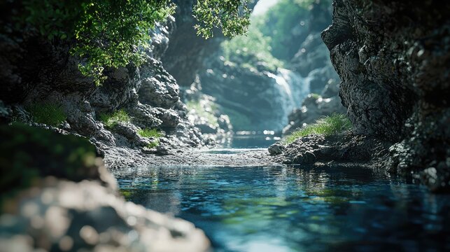 A Calm Creek Flowing Through a Rocky Gorge