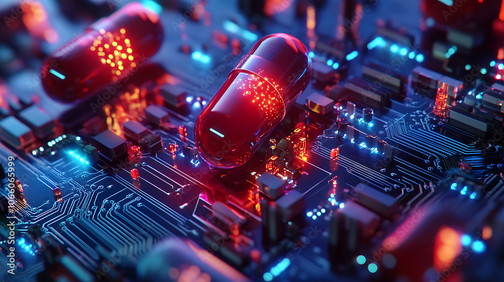 Poster digital pills on a circuit board symbolizing ai in medicine and drug development