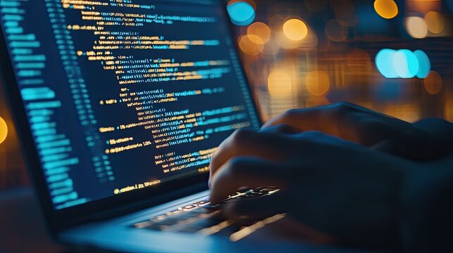 A close-up of a programmer's hands typing code on a laptop, with lines of Python or JavaScript filling the screen, representing software development in action. 