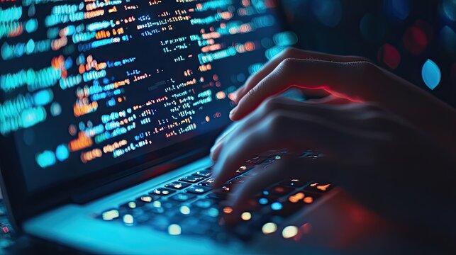 A close-up of a programmer's hands typing code on a laptop, with lines of Python or JavaScript filling the screen, representing software development in action. 
