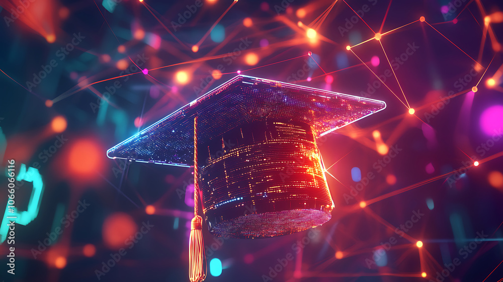 Fototapete digital illustration of a graduation cap made from glowing data connections, representing the impact