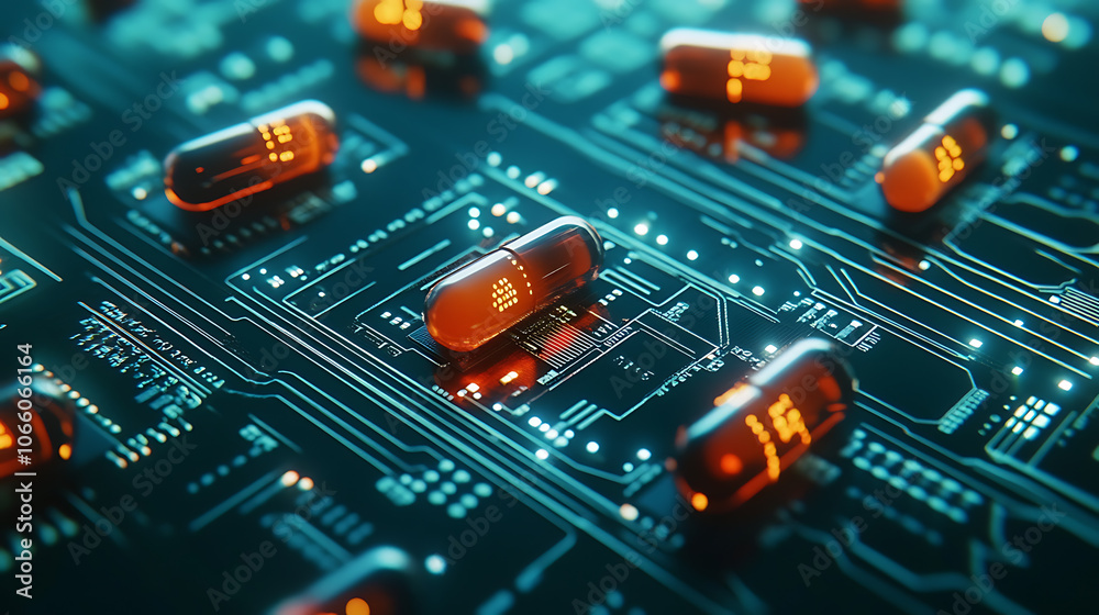 Aufkleber digital pills on a circuit board symbolizing ai in medicine and drug development