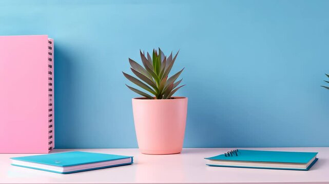 Pastel Color Workspace with Pink Notebook and Potted Plant on Light Blue Background, Minimalist Office Desk Decor, Modern Home Office Setup