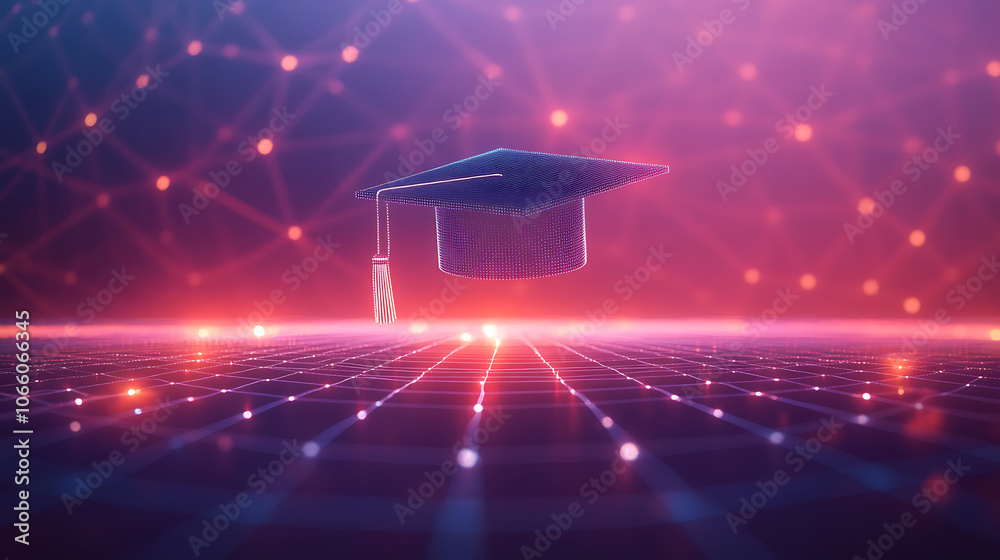 Leinwandbilder digital banner of an illuminated graduation cap floating above a network grid, symbolizing the entra