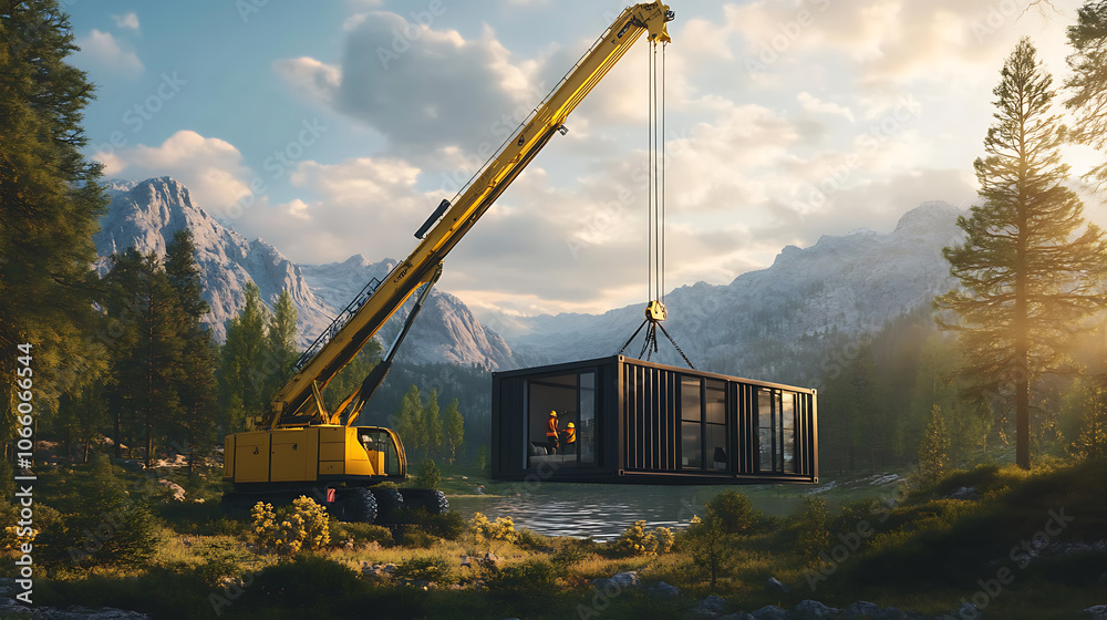 Poster crane installing modular living container in scenic outdoor setting