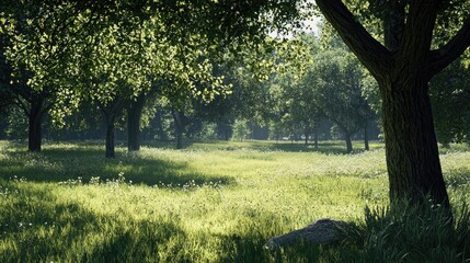 Obraz premium Sun-Dappled Forest Clearing with Lush Grass and Scattered White Flowers
