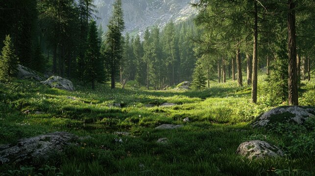 A Sunlit Forest Clearing with Tall Trees and Rocks - Powered by Adobe