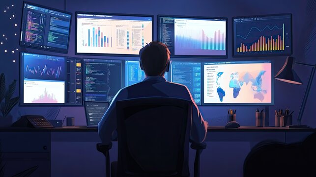 A lone data scientist reviewing datasets on a computer, with Python code and visualizations on multiple screens, representing the analysis of big data. 