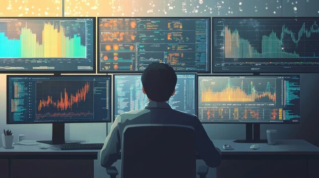 A lone data scientist reviewing datasets on a computer, with Python code and visualizations on multiple screens, representing the analysis of big data. 