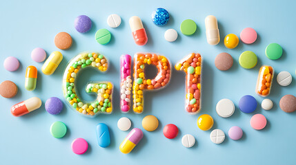 Colorful pills surrounding the term glp-1, symbolizing medication and treatment related to glp-1