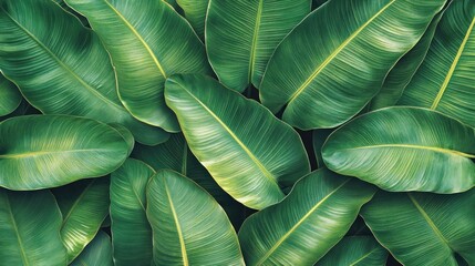 Obraz premium Lush green banana leaves arranged in an overlapping pattern.