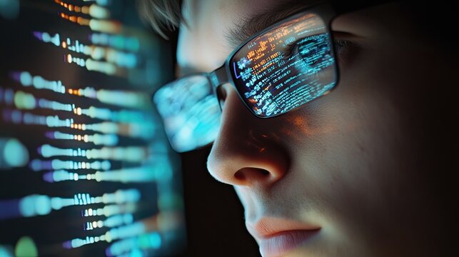 A programmer immersed in work, with a sharp focus on their computer screen, the reflection of coding lines and algorithms illuminating their face