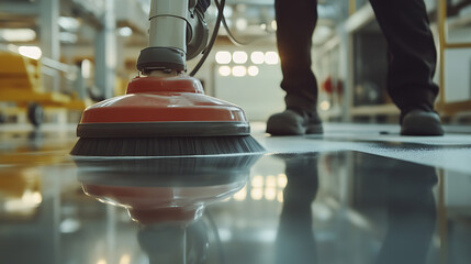 Close-up of janitor cleaning floor with polishing machine indoors
