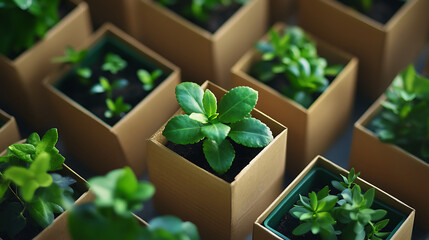 Cardboard boxes with plants symbolize sustainable micro-fulfillment in an eco-friendly environment