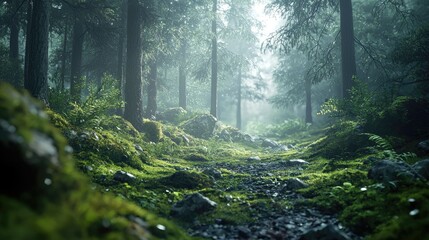 Obraz premium A Misty Forest Path Lined with Lush Greenery and Rocks