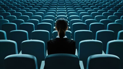 Obraz premium A focused business woman engages in a vibrant discussion at a packed auditorium during a global business conference.