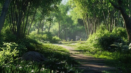 Naklejka premium A Stone Path Through a Lush Green Forest