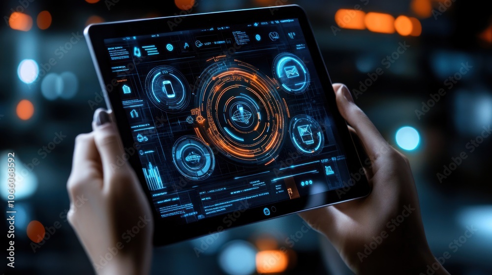 Poster a person holding a tablet with a futuristic user interface
