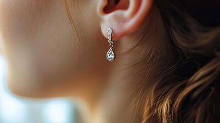 Macro shot of an ear with diamond drop earrings, capturing the intricate details of the stone and the gentle contour of the earlobe in a soft, elegant setting. -