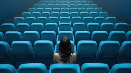 Fototapeta premium A woman enjoys a quiet movie night, sitting alone in an empty cinema hall, completely immersed in the film.