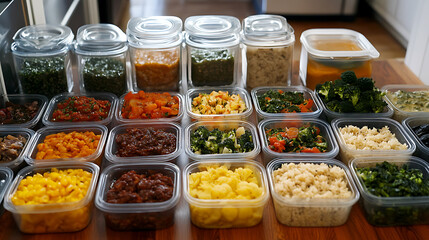 Batch cooking meal prep with tupperware containers filled with various healthy foods for an organized week