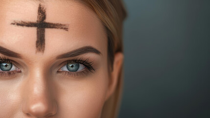 Fototapeta premium A woman with an ash cross on her forehead symbolizes faith and devotion during the sacred Ash Wednesday ceremony.