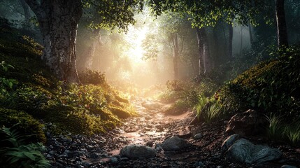 Sunlit Path Through a Misty Forest