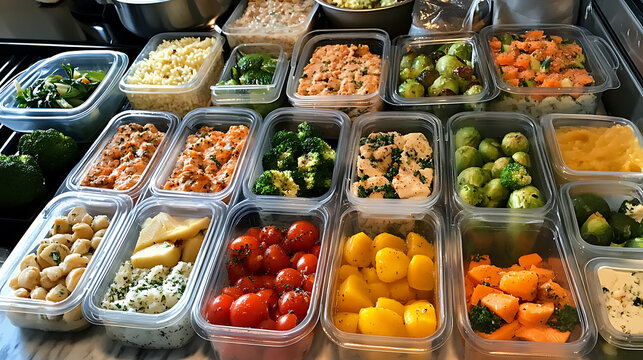 Batch cooking meal prep with tupperware containers filled with various healthy foods for an organized week