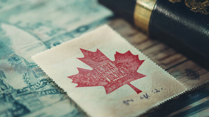 Fototapeta premium Approved stamp over Canadian immigration document close-up