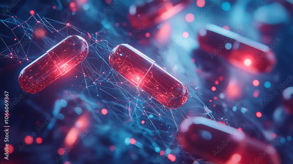 Poster Ai-driven drug discovery visualized with digital networks and capsules