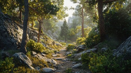 Fototapeta premium A Sunlit Path Through a Dense Forest