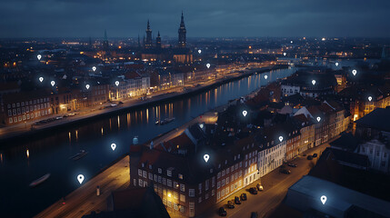 Fototapeta premium Aerial view of the Copenhagen skyline at night, with white pins on it representing buildings and shops that can be tiled to form a map for digital marketing, location pin icons floating Generative AI